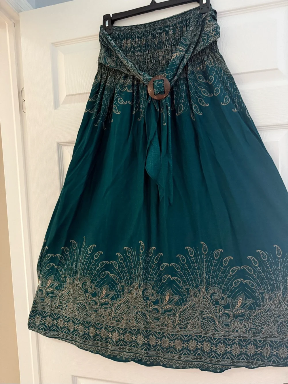 Teal Embroidered Maxi Skirt with Smocked Waist and Tie